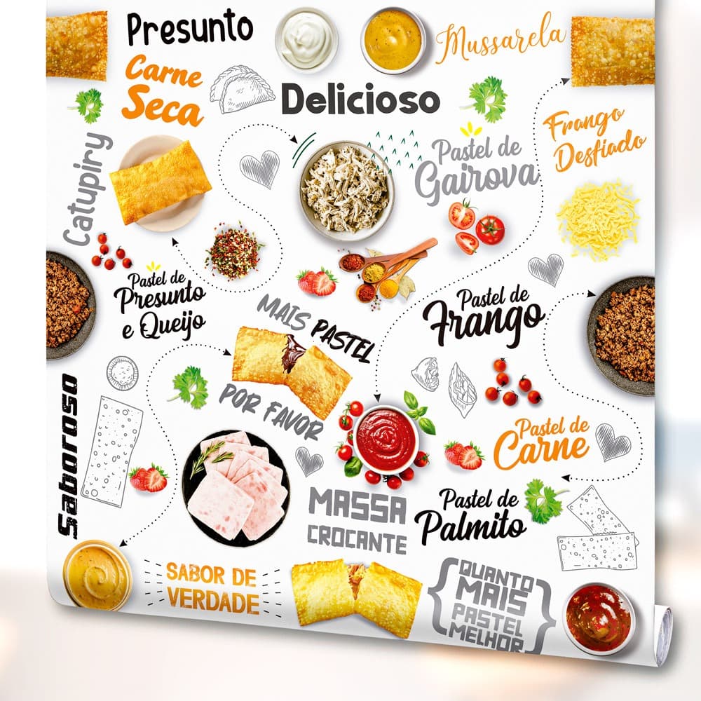 Papel de Parede Adesivo Decoração Pastel Pastelaria Frango Carne Cozinha Gourmet Lanchonete Branco