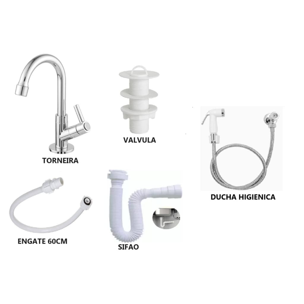 Kit Torneira Banheiro Lavatório Abs + Valvula branca + Engate 60 cm + Sifão Branco + Ducha Higienica