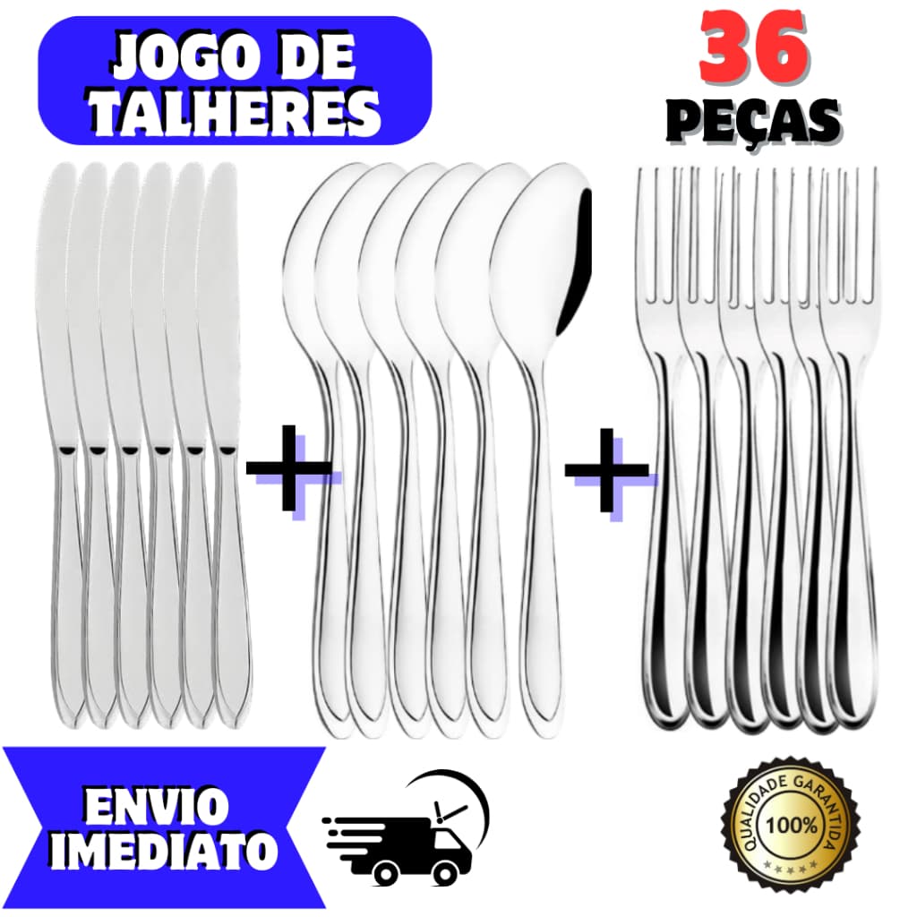 Conjunto jogo de talheres kit com 36 talheres de mesa faca de serra garfo e colher de sopa