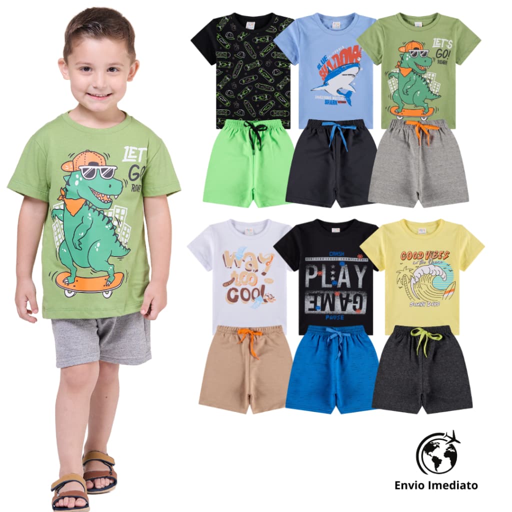 Kit 6 Peças de Roupa Infantil Premium 3 Bermudas + 3 Camisetas Estampadas Manga Curta 2 ao 8