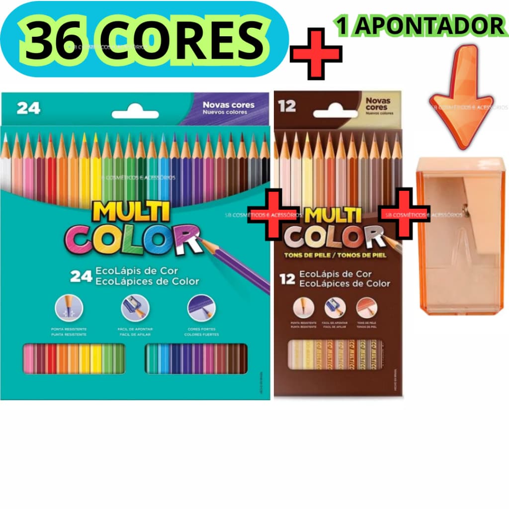 Kit 36 Lápis Multicolor  24 Multicolor +12 Tons de Pele + 1 APONTADOR