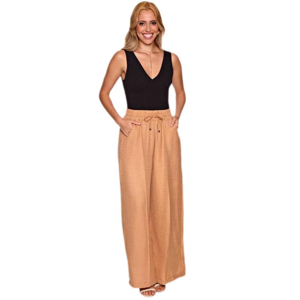 Calça reta feminina estilo pantalona com elástico