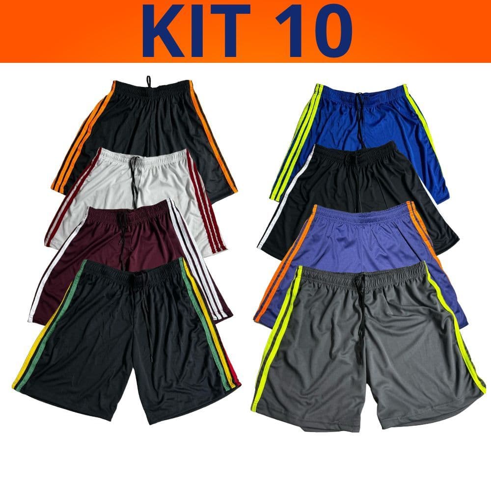 Kit 10 Shorts Calção Masculino Confortável Academia Corrida Futebol 3 Listras Atacado