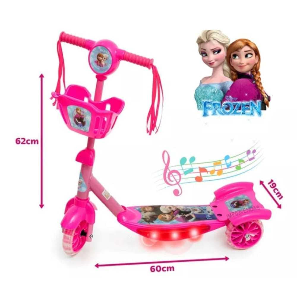 Patinete Infantil 3 Rodas Luz Led Com Cesto Frozen,princesa,barbie, stitch Música Regulável menina