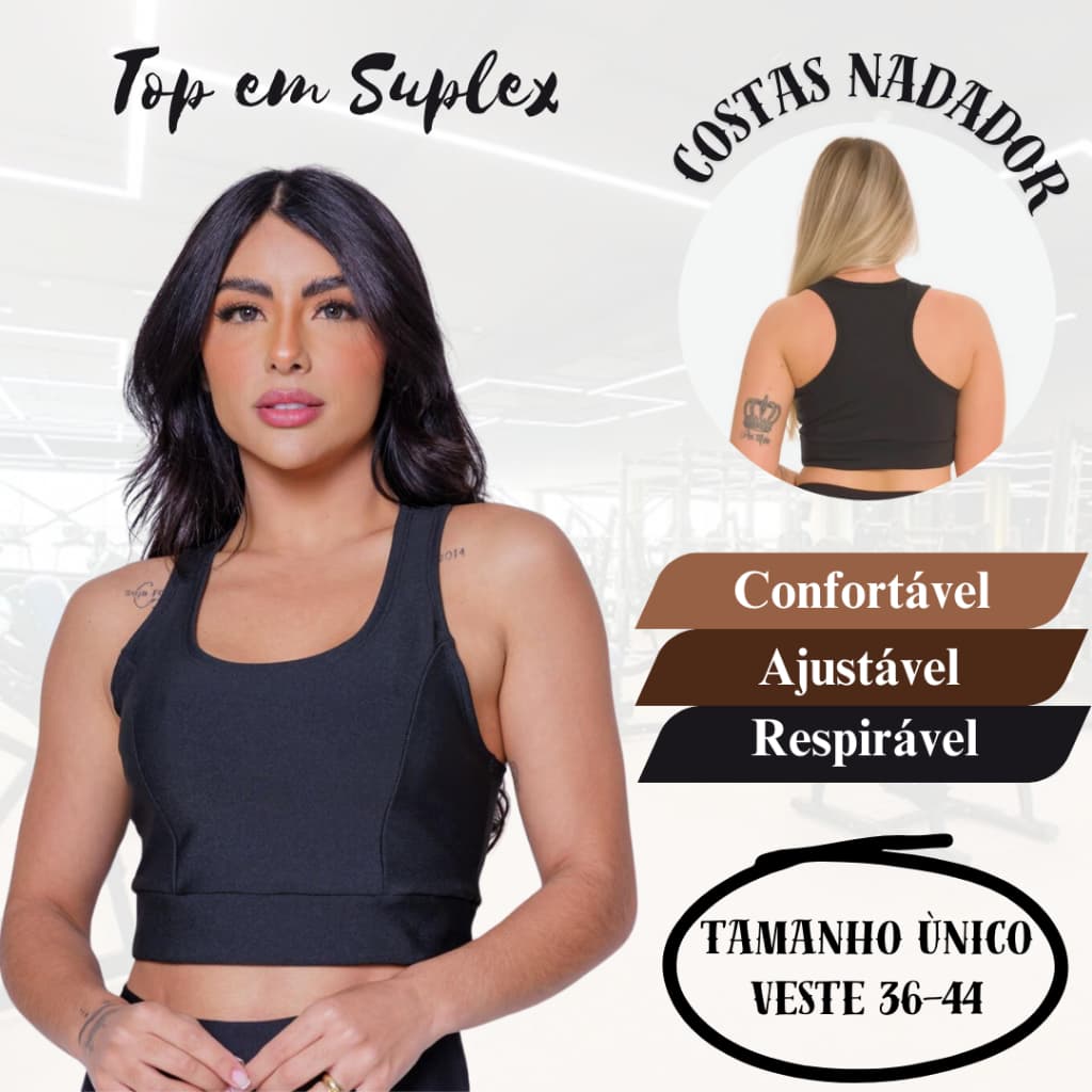 Top em Suplex Cropped Academia Fitness Básico Regata Nadador Feminino