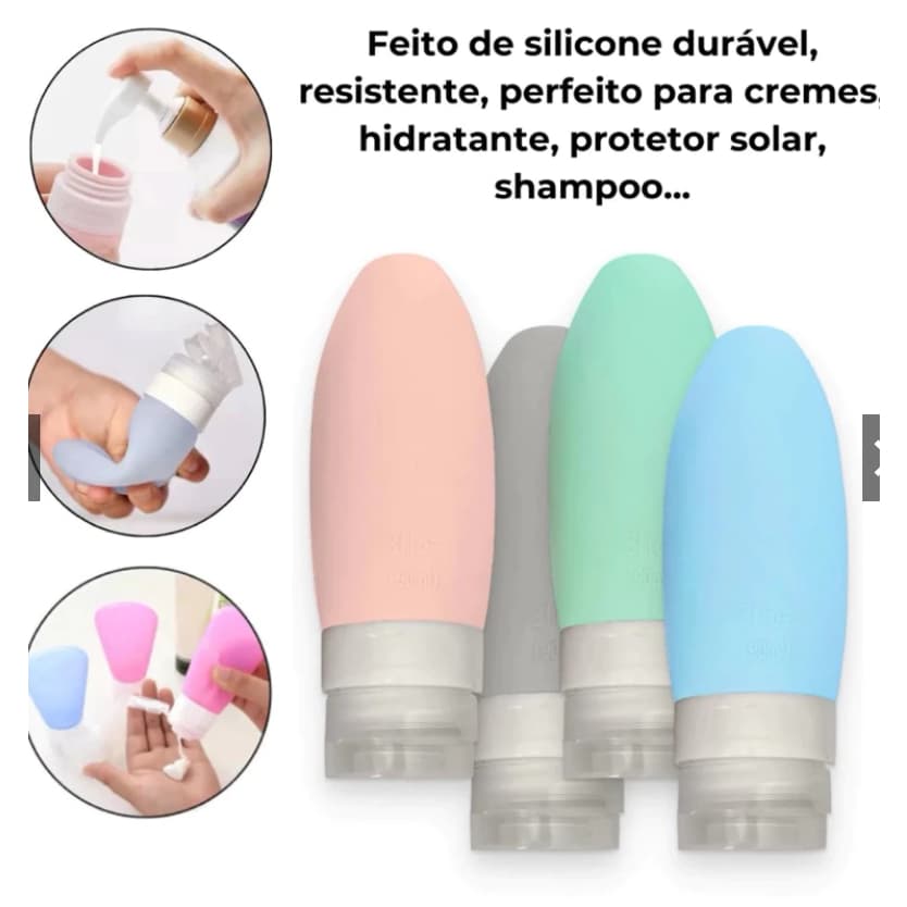 Kit 4 Frasco De Cosmetico 90ml Silicone Para Viagem Portatil Shampoo Creme Loçao Sabonete 24803 .