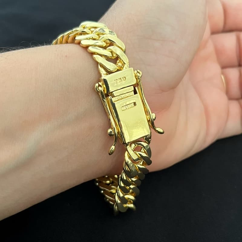 Pulseira lacraia 14mm masculina fecho gaveta duas travas banhada a ouro 18k