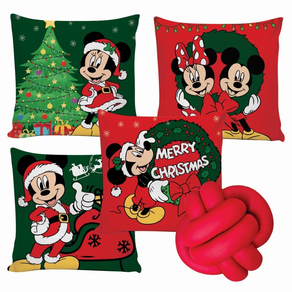 Kit 4 Capas de Almofadas Natalina Decorativa 45x45cm + Almofada de Nó Sala Minnie Mickey de Natal