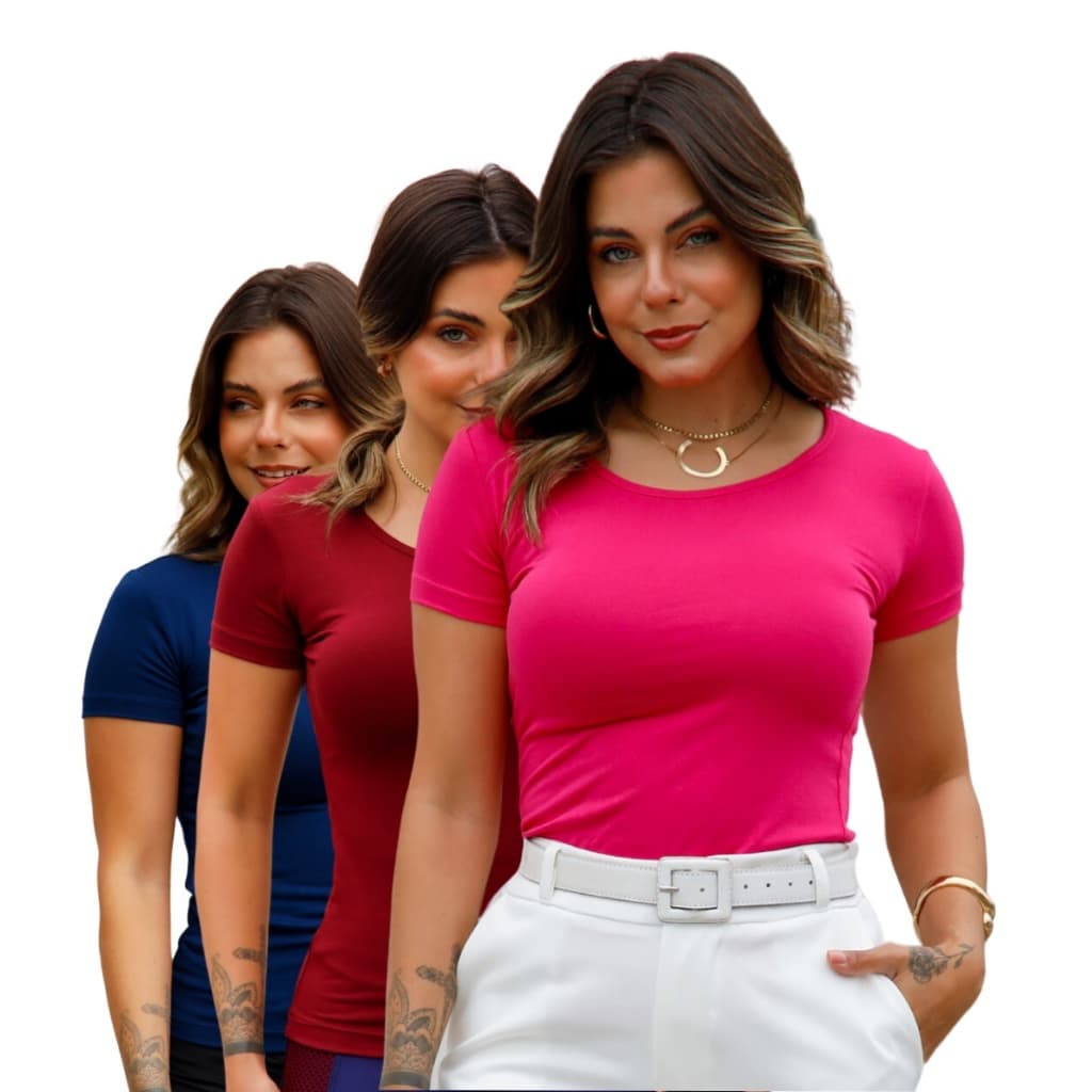 KIT 3 Blusa Feminina Manga Curta Baby Look Viscose Academia Trabalhar Lisa Esportiva Treino Casual