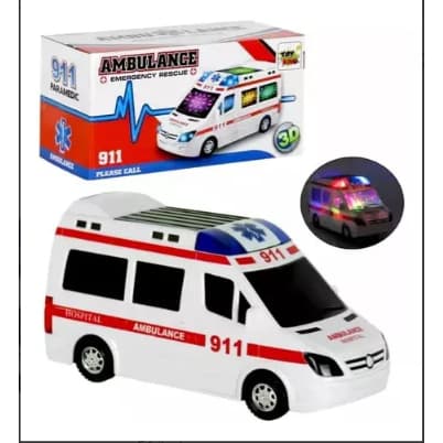 Carrinho Ambulância Musical Infantil Bate e Volta Gira 360° Com Luzes Led e Som