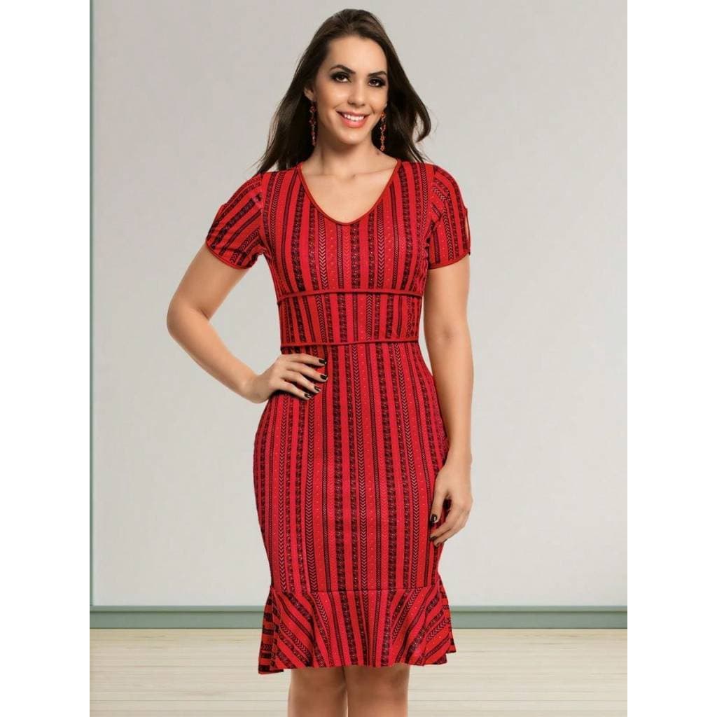 Vestido Midi Elegante Clássico Manga Curta Listrado Estilo Evangélico