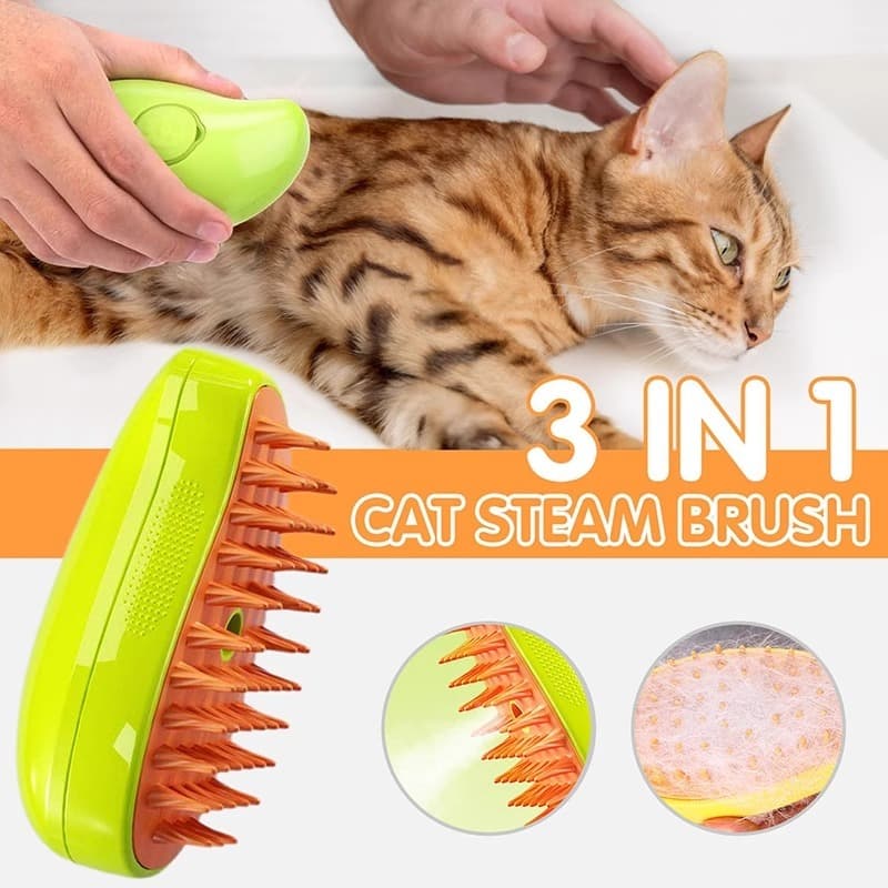 Escova Pet Vapor 3 Em 1 Removedor de Pelos Massagem Banho a Seco Cachorro Gato Recarregável USB