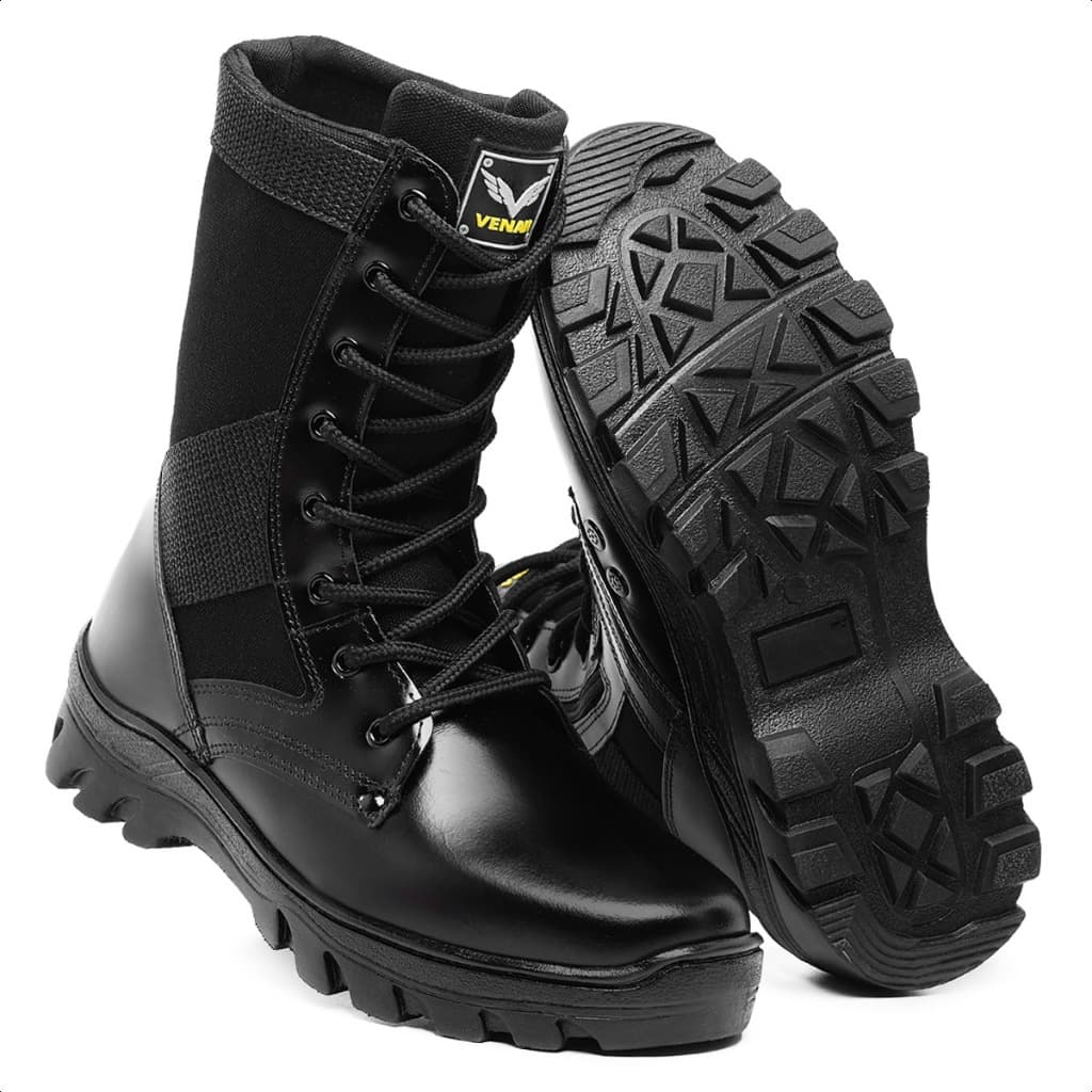 Coturno Militar Masculino Couro Legitimo Extra Leve solado costurado e ziper na lateral