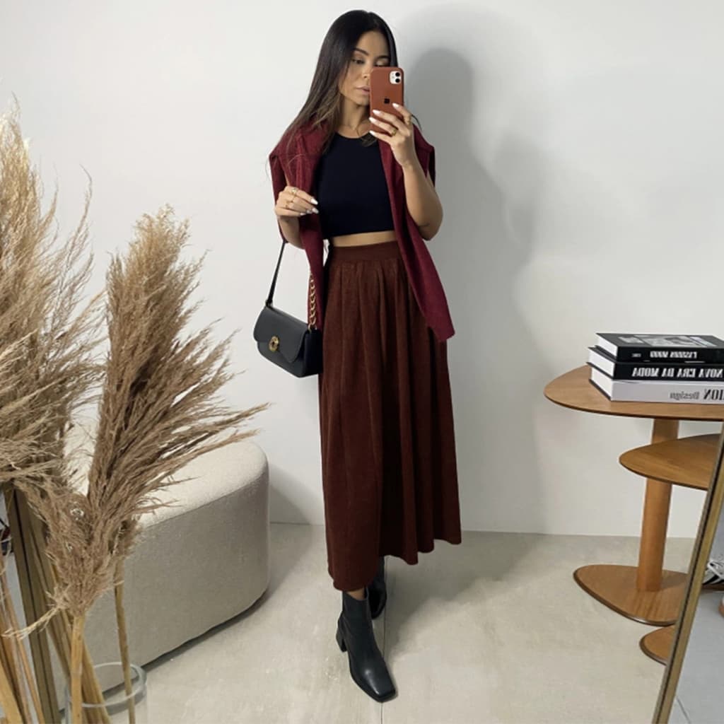 Saia Colegial Longa Plissada Tricot Mousse Inverno