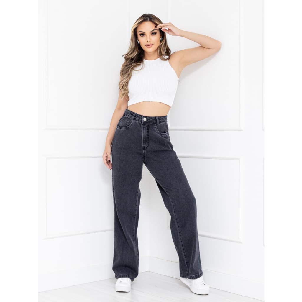 WL Moda Calça jeans feminina pantalona wide leg calca com bolsa Cintura Alta Pantalona Tecido Grosso 100% Jeans