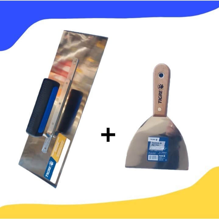KIT DESEMPENADEIRA DE AÇO INOX 12X35 COM ESPATULA AÇO INOX  5 POLEGADAS TIGRE. em estoque.