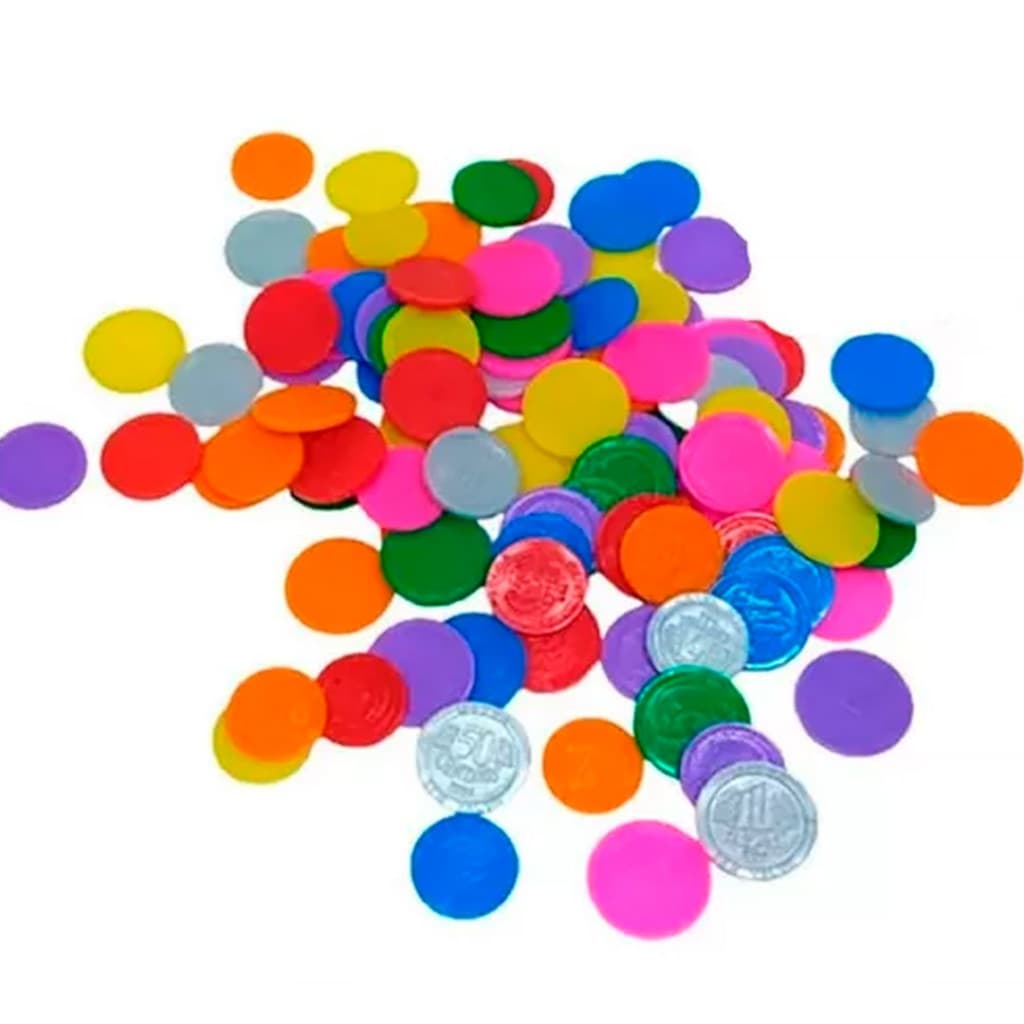 Kit 100 Moedas Mini Brinquedo Lembrancinha Sacolinha Surpresa Fake Dinheiro Interativo Educativo