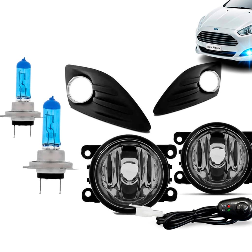 Kit Farol de Milha New Fiesta 2013 à 2016 Lente Vidro Moldura Aro Cromado Botão Alternativo Colante