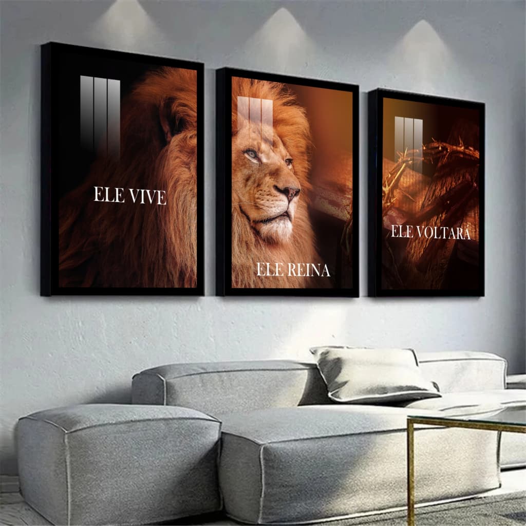 Quadro Decorativo 3 Peças Mosaico Leão Judá Ele Voltará Ele Vive Reina Para Sala Quarto