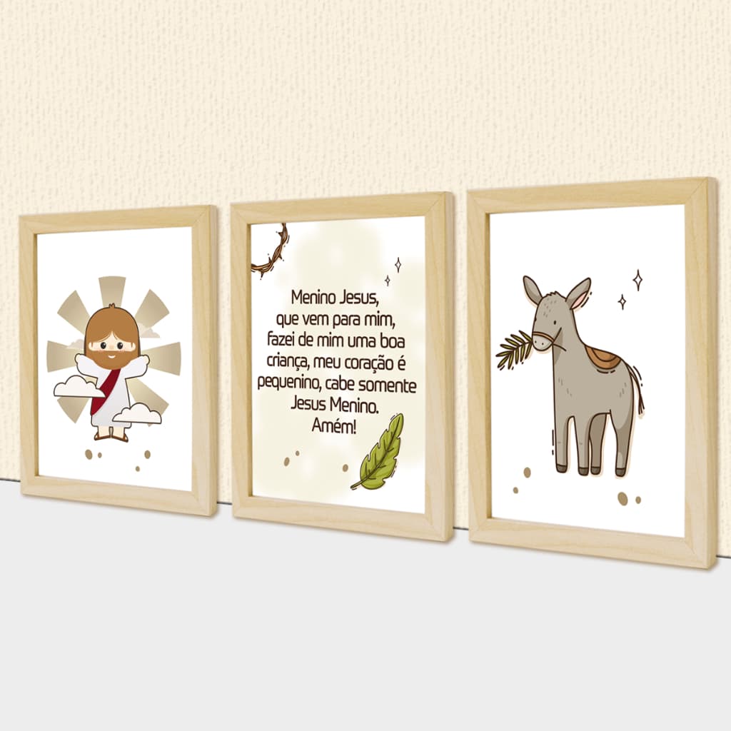 Kit 3 Quadros Religiosos Nossa Senhora Jesus Sagrada Família Infantil Bebê com Nome Personalizado