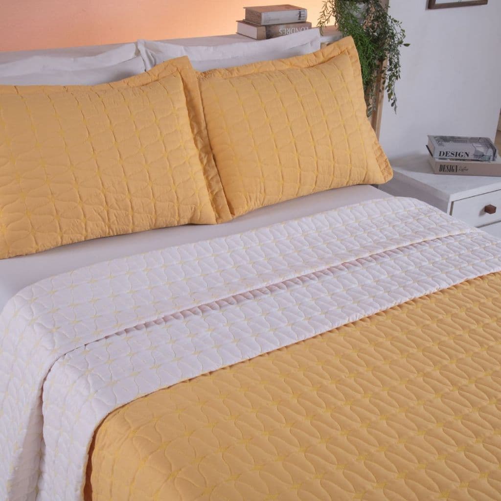 Kit Cobre Leito Colcha Cama Casal Percal 200 Fios Amarelo Dupla Face