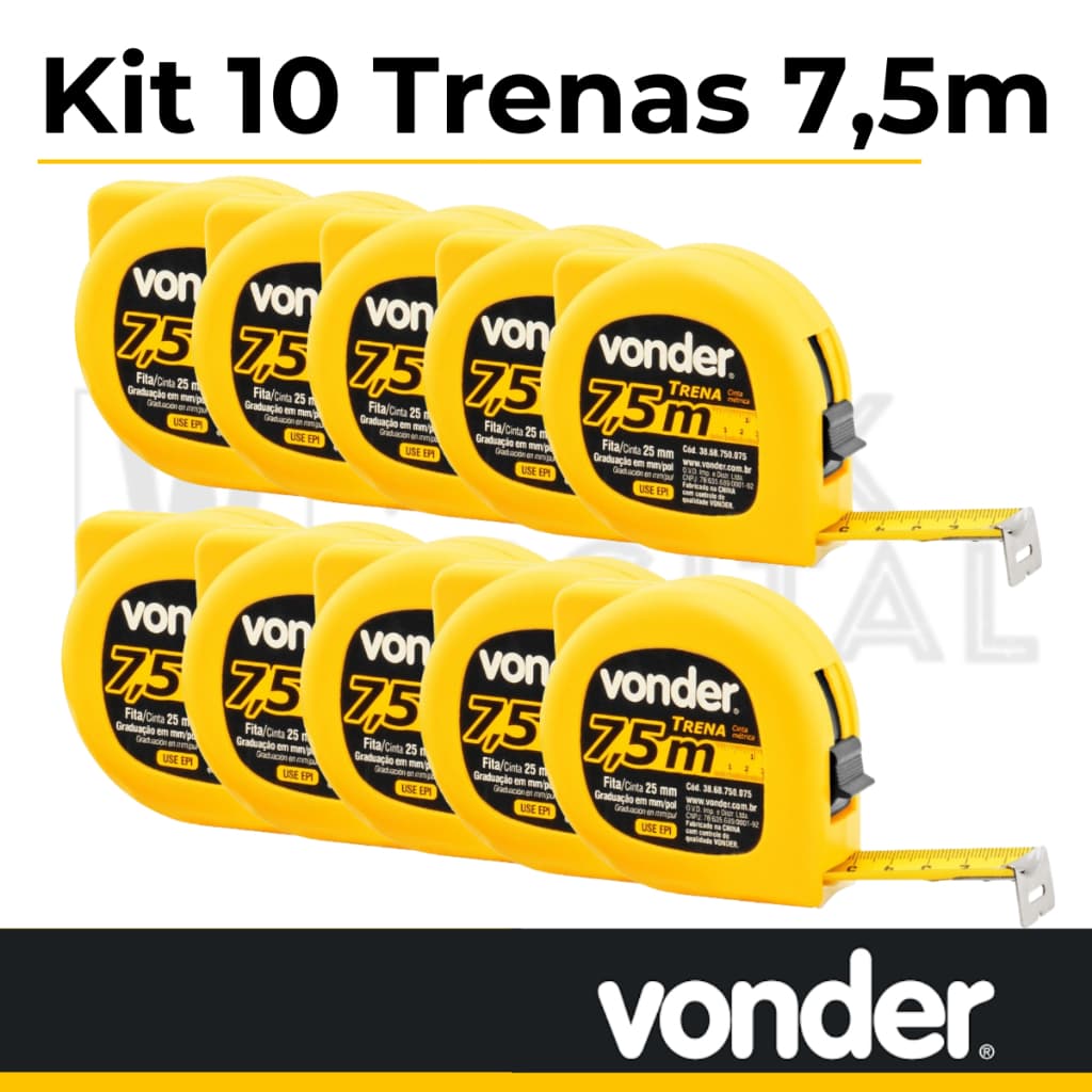 Kit 10 Trenas de aço 7,5 m x 25 mm VONDER com fita de 25mm, C/ trava e clip para cinto