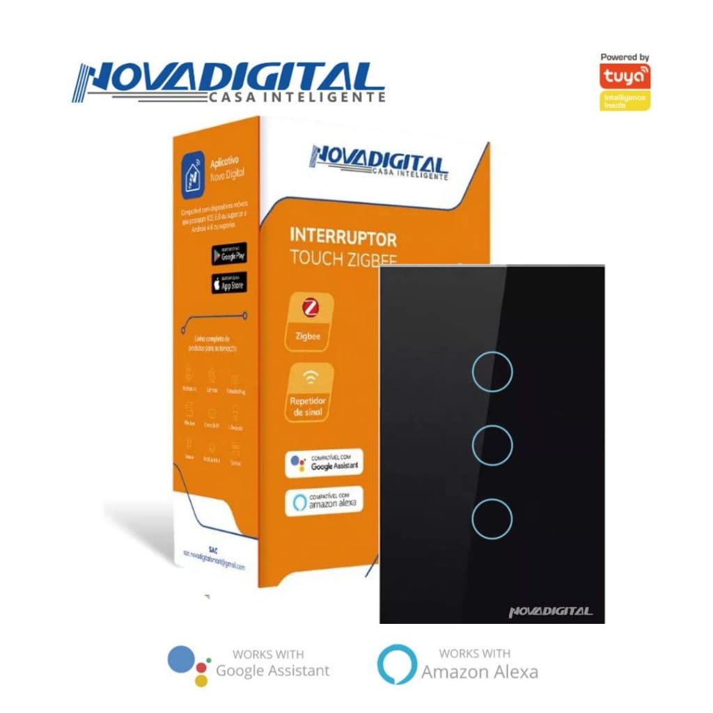 Interruptor Inteligente Touch Zigbee 3 Botões Preto Nova Digital - 4x2