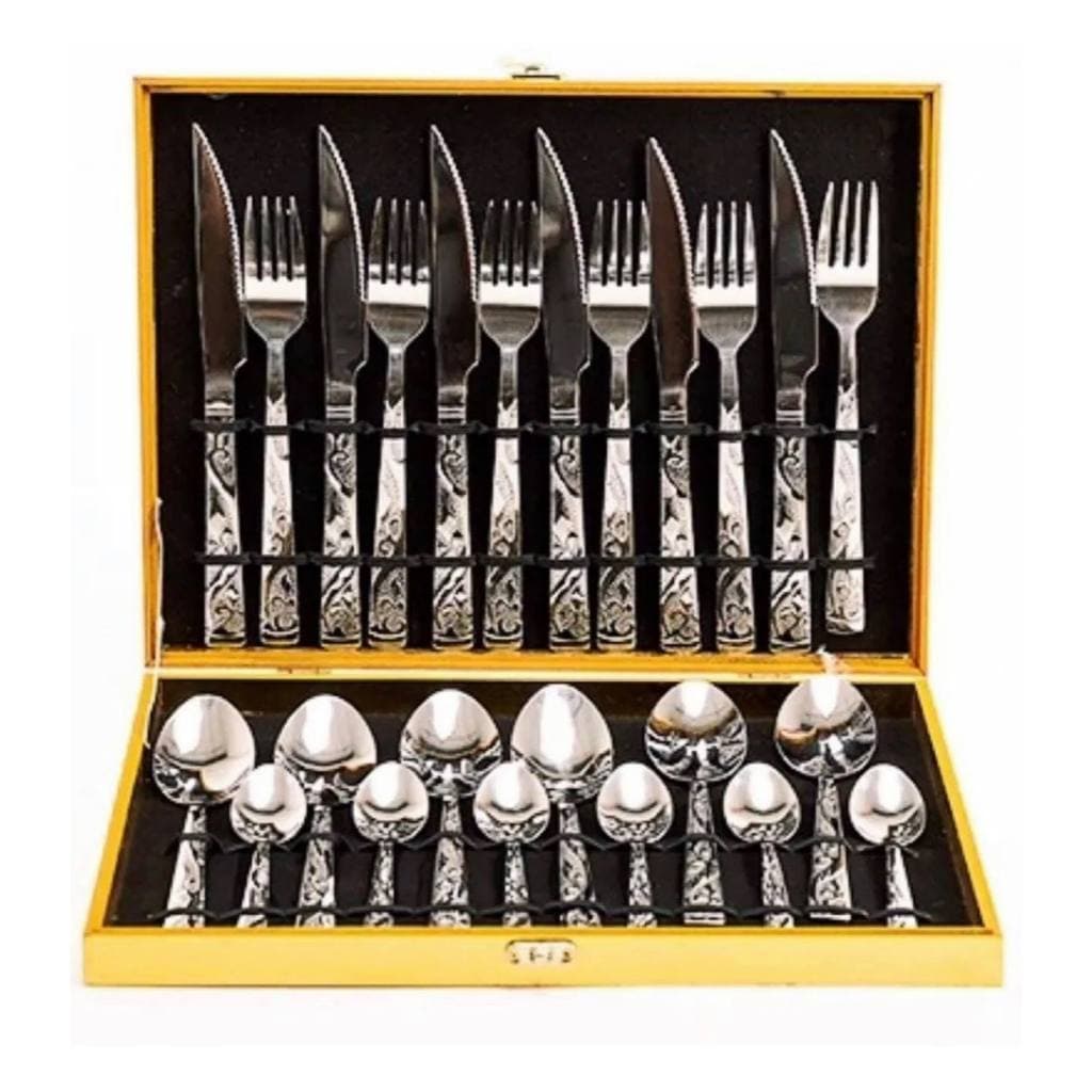 Kit Faqueiro Talheres Em Inox Com Detalhes em Dourado 24 Peças + Maleta Dourada