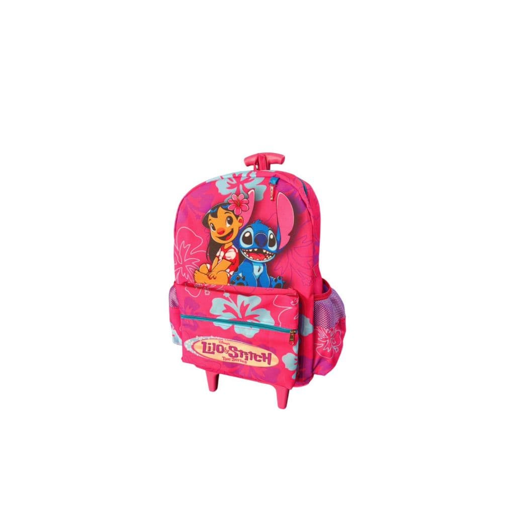 Mochila lilo e stitch rosa e lilas rodinha infantil juvenil tamanho grande