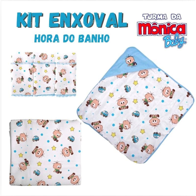KIT Banho Turma da Mônica 7 pçs 1Toalha de Banho + 3 Cueiros Flanelados + 3 Panos de Boca Incomfral