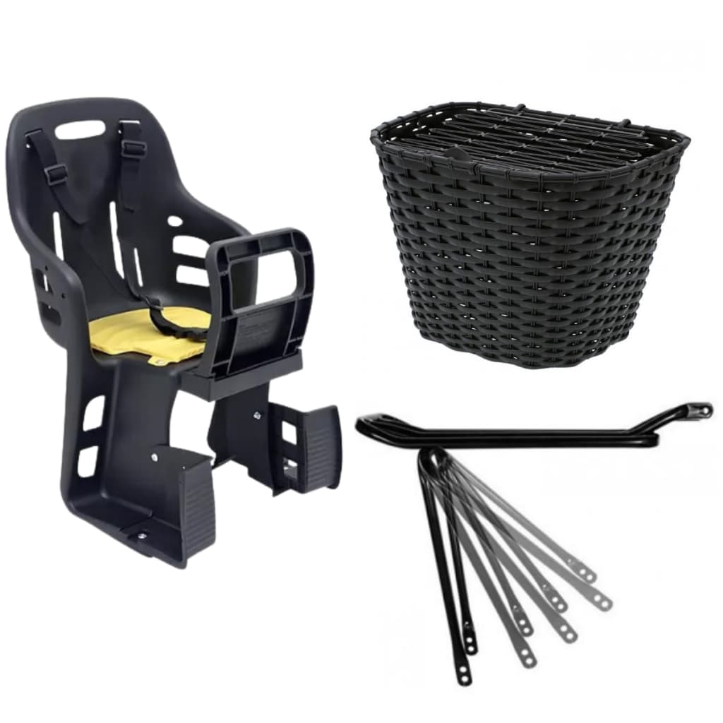 Kit Cadeirinha Infantil Traseira Bike + Bagageiro Garupa + Cesta Tampa Preta Aro 24 26