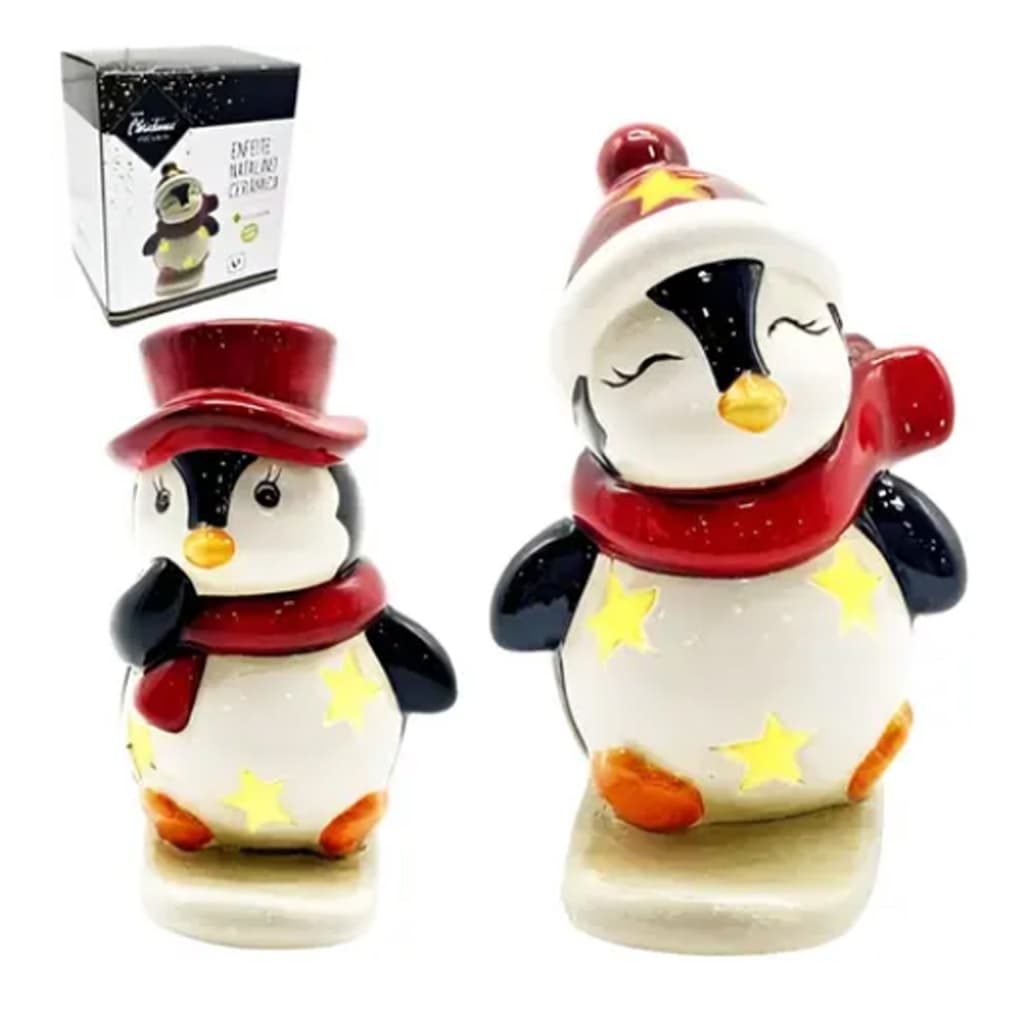 Decoração De Natal Mesa Enfeite Pinguim Com Led Cerâmica