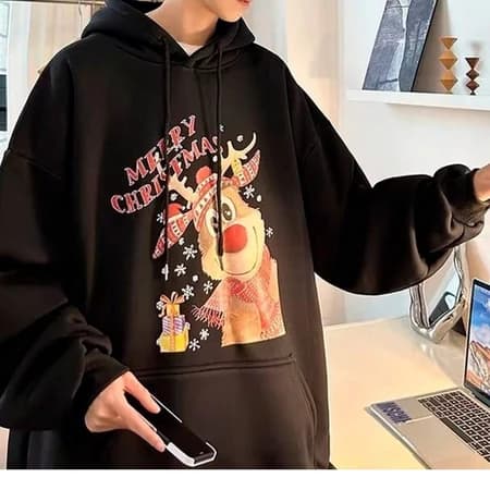 Blusa Moletom Com Capuz Algodão Flanelado Rena De Natal