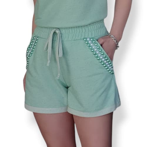 Shorts Linho Moletom Moda Feminina Verão Bordado Pérola Confortável Delicado Soltinho