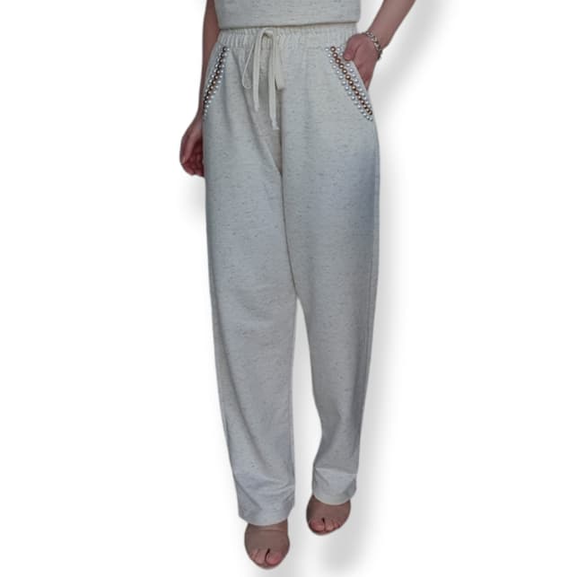 Calça Linho Botonê Moletom Pérola Moda Feminina Blusa Soltinha Casual Reta Larga Wide Leg Mom