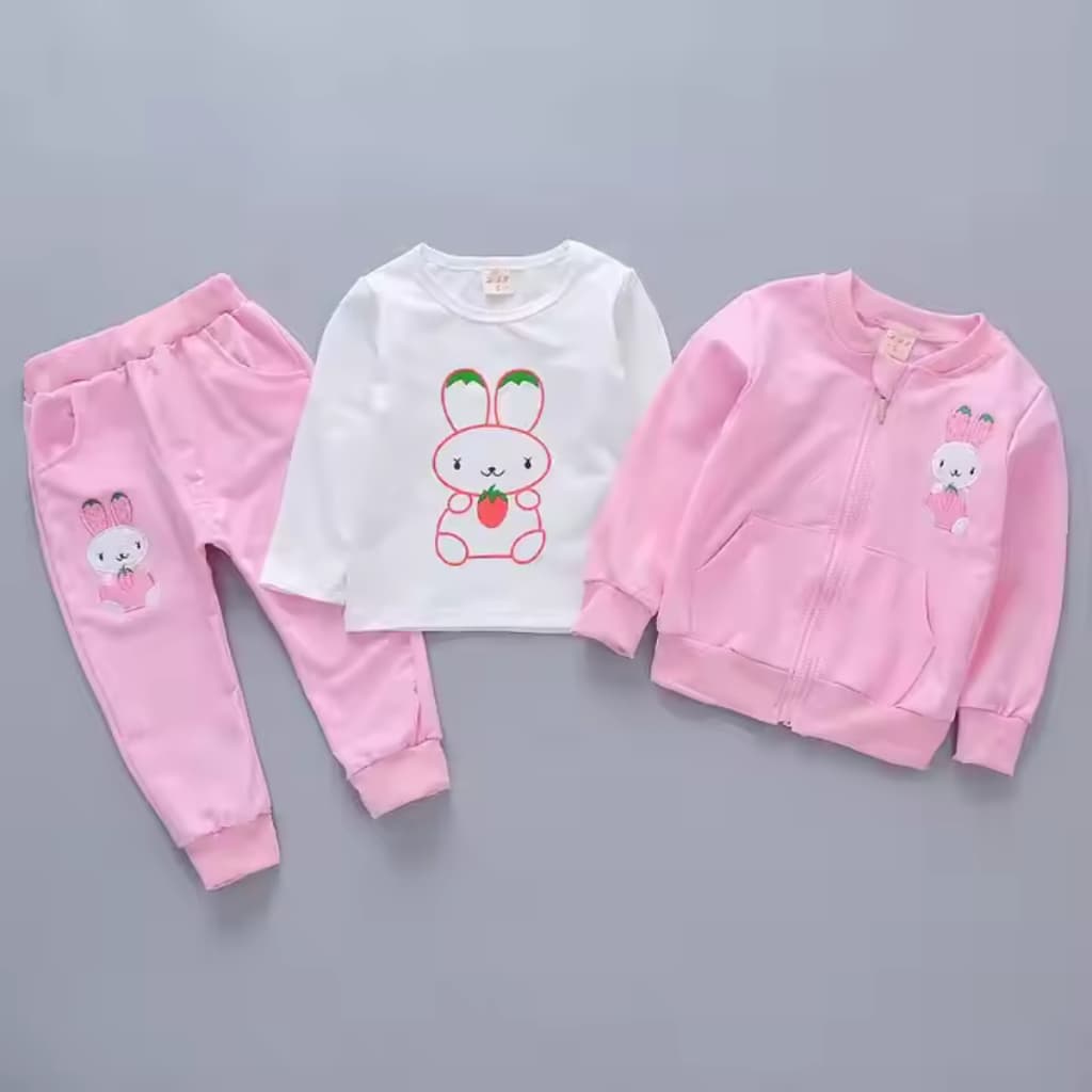 Conjunto Infantil Coelho Páscoa Rosa Casaco + Blusa + Calça