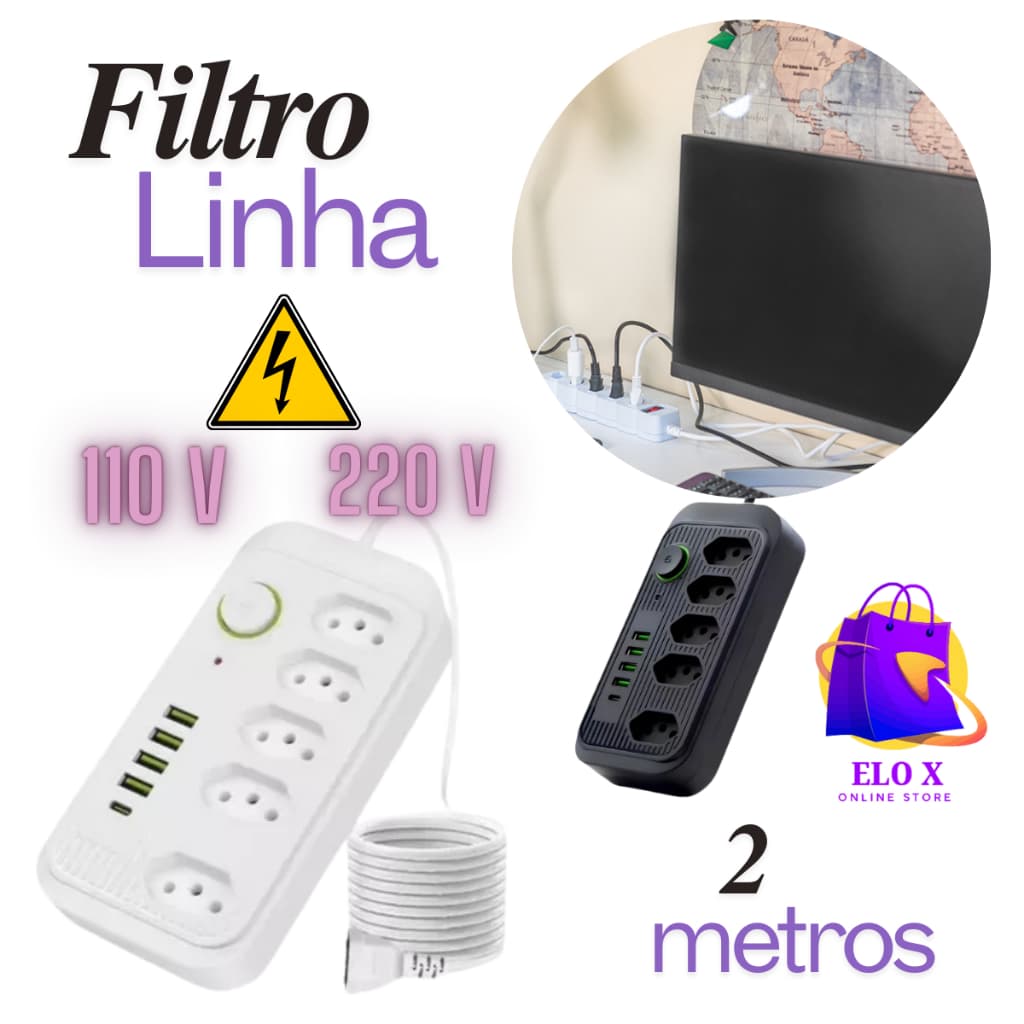 Extensão Elétrica Com Proteção 5 tomadas Filtro de Linha Benjamin Régua de Energia com  USB 2 metros