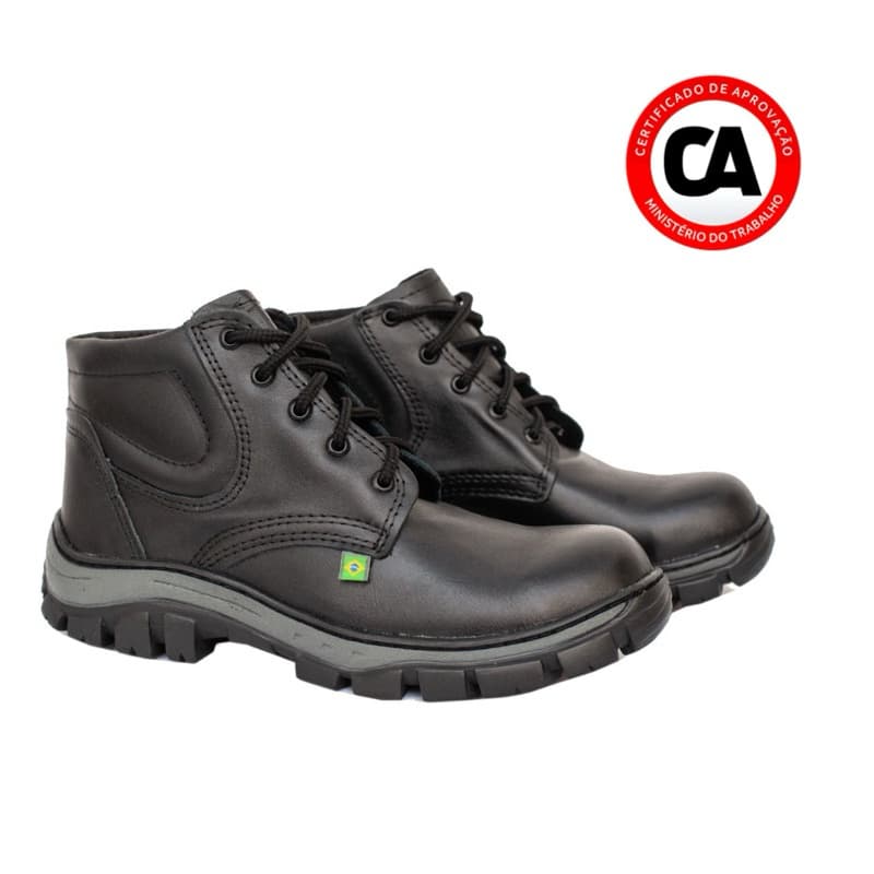 Bota Coturno Botina De Segurança Com C.A Couro Trabalho Preto Liso