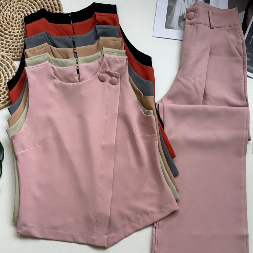 Conjunto alfaiataria feminina blusa ombro largo sem manga com calças largas