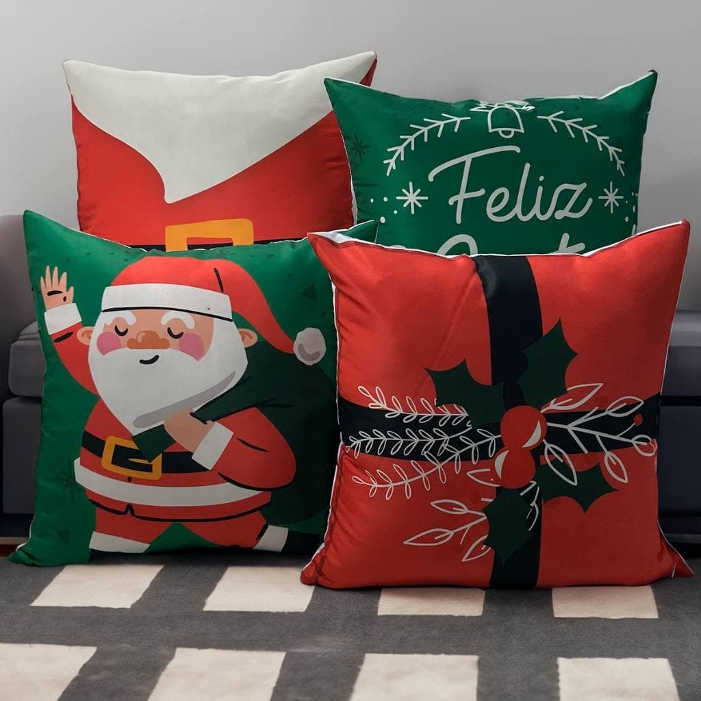 Almofadas Decorativas de Natal Kit 4 Capas Papai Noel Feliz Natal 45x45 cm