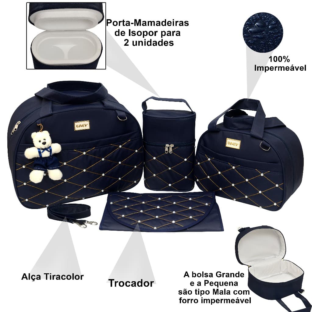Kit Mala Bolsa Maternidade Menino Menina Bebê 4 Peças com Trocador Mochila e Porta mamadeiras
