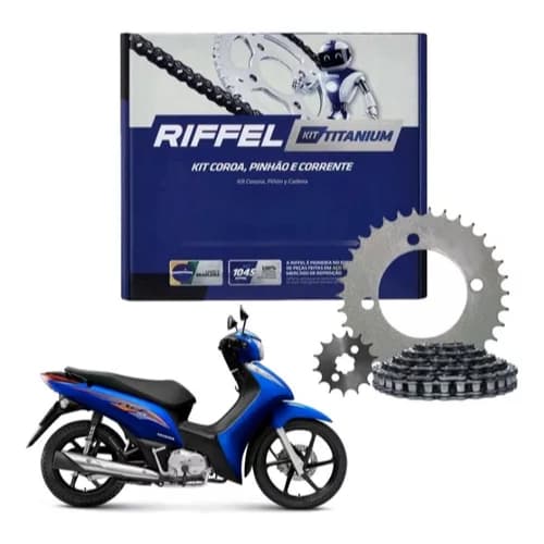 Kit Relação Transmissão Biz 125 Riffel  (2005 a 2023) / Biz 110i (2016 a 2023) / Pop 100 Aço 1045