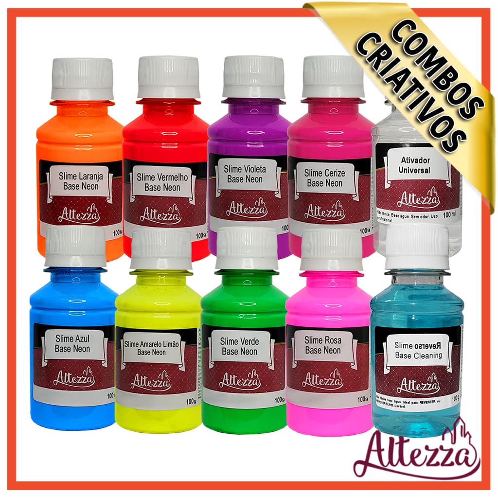 Kit Slime Neon Completo Colas Coloridas Neon + Ativador + Desativador de Slime - Combos Criativos