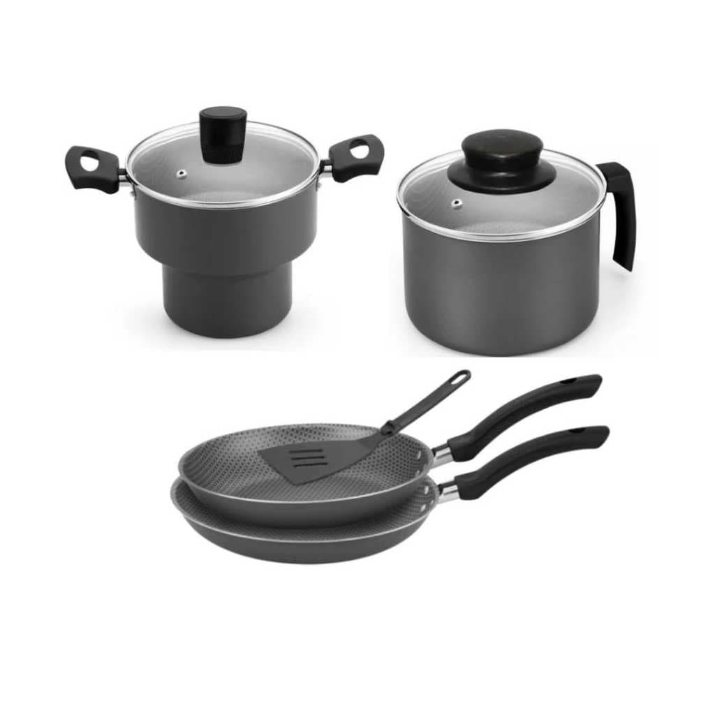 Cuscuzeira + Fervedor c/ Tampa de Vidro + Jogo de Frigideiras Antiaderentes