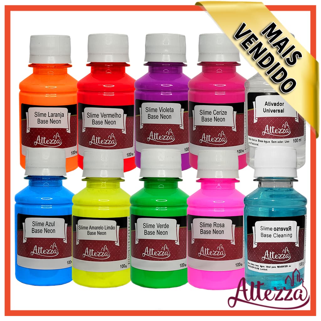 Kit Slime Neon 8 Cores Glow 100g Cada + Ativador 100ml + Desativador 100ml - Kit Completo Para Slime DIY Escolha o Seu