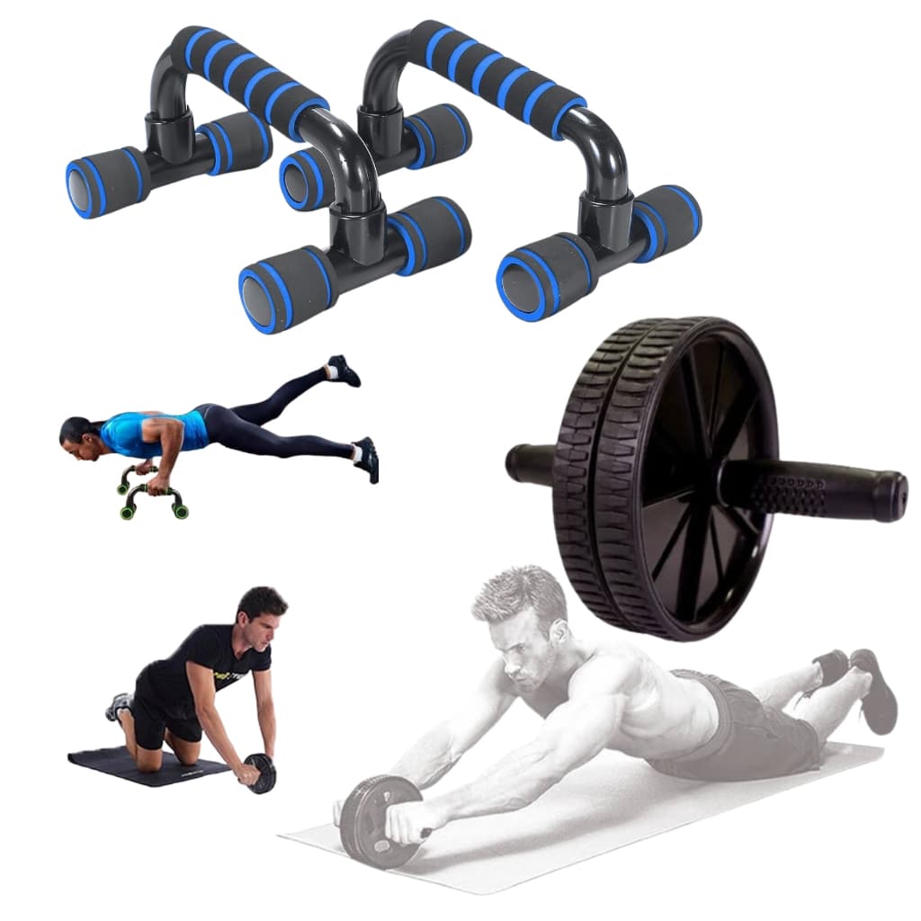 Kit Barra flexão de Chão + Roda Abdominal Exercícios em Casa