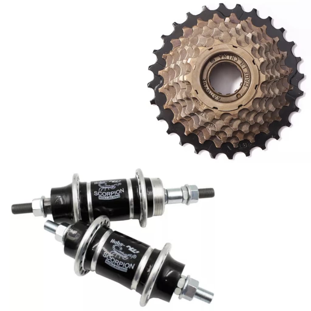 Kit Par Cubo Rolamentado 36F Scorpion Alumínio + Catraca Roda Livre 7 Velocidade 14/28 Indexada Bike