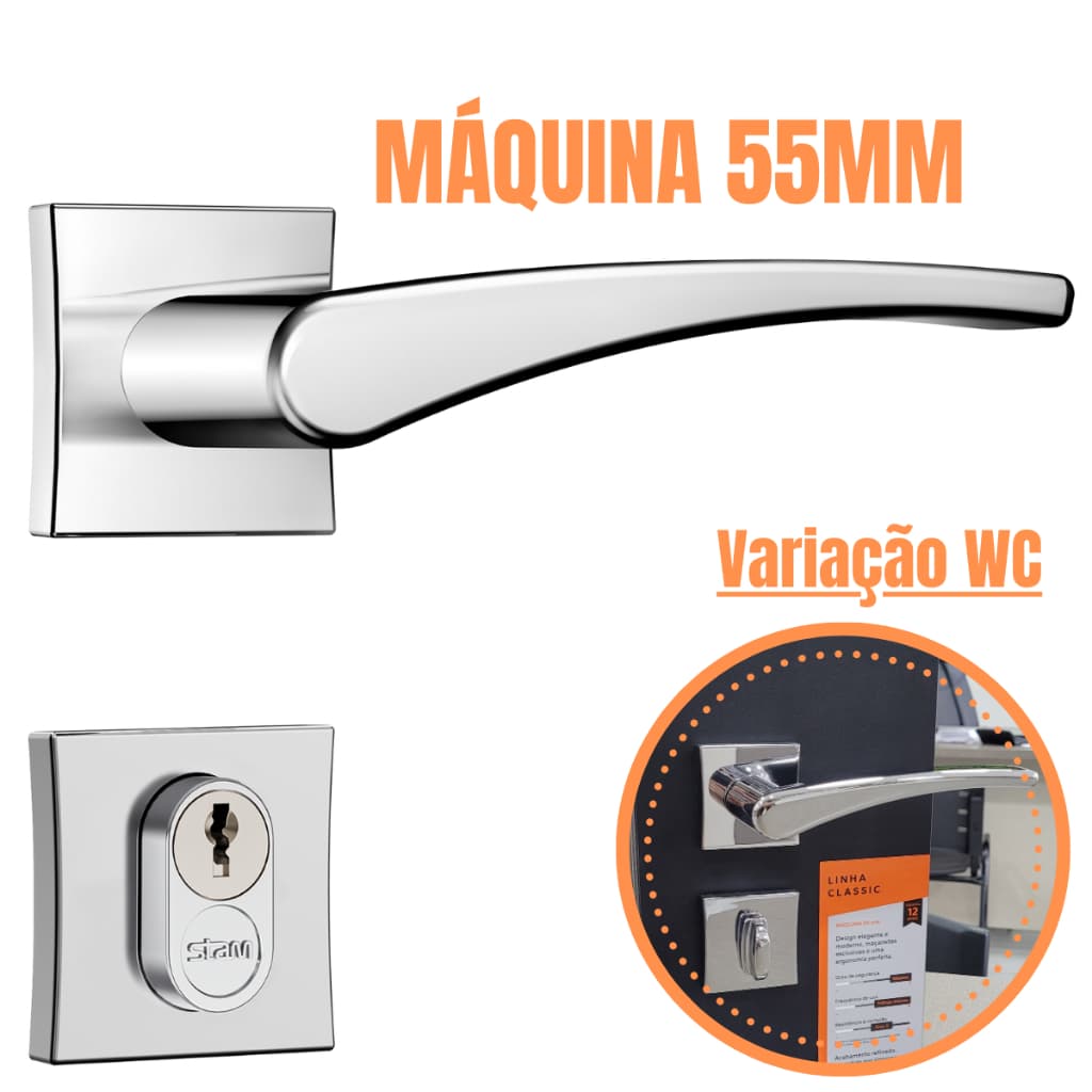 Fechadura 55m para porta de madeira classic 3500 máquina 55mm reforçada Stam Aço Inox externa/WC
