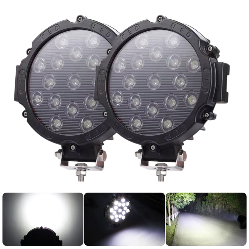 Par Farol De Milha Led Auxiliar Redondo 17leds 12-24v Bivolt Preto 51w Off Road Universal