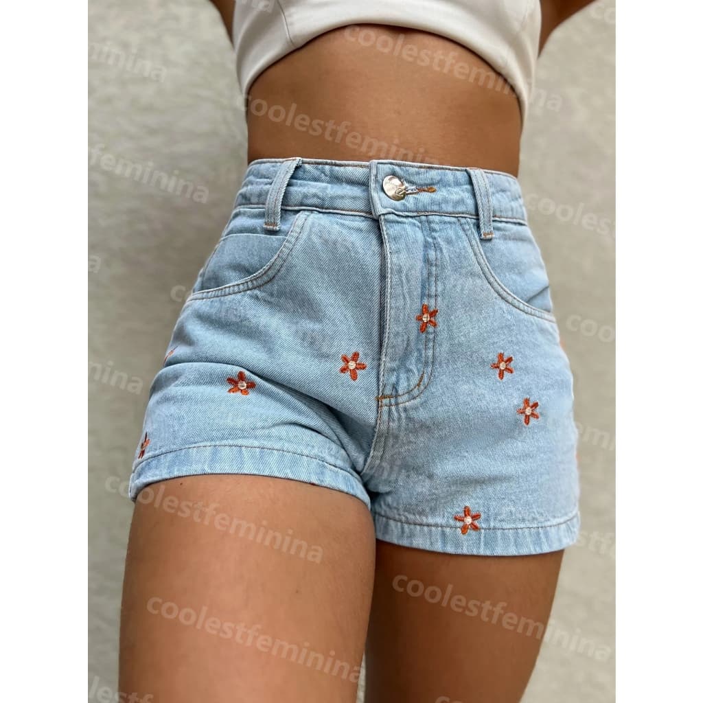 Coolestfeminina 8201 short Jeans com bordado feminina jeans casual cintuta alta Shorts jeans feminino